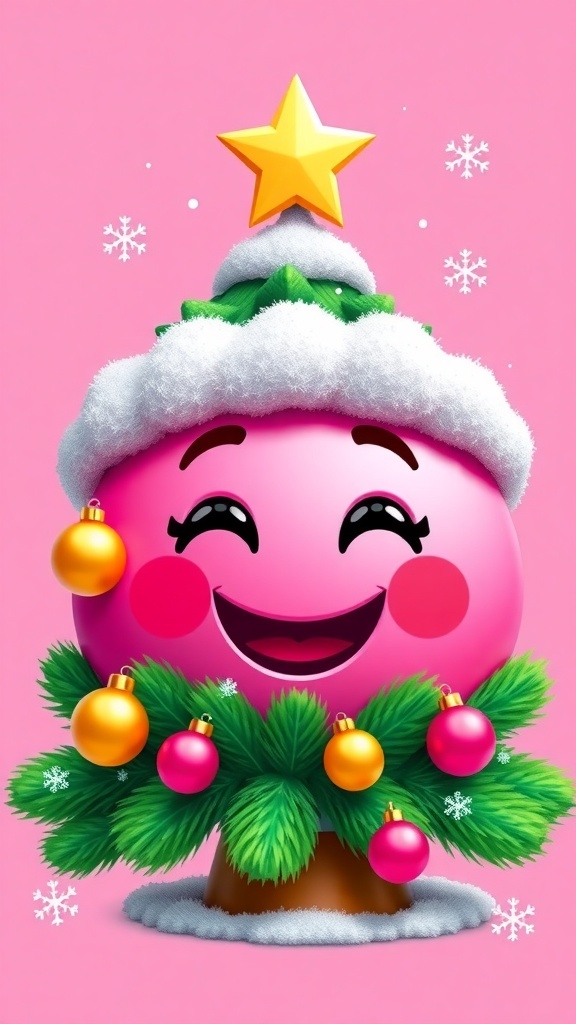 A pink Christmas tree emoji with decorations and snowflakes.